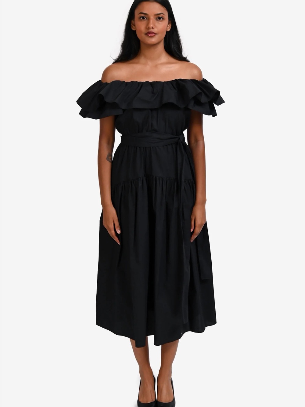 Ulla Johnson Black Off-Shoulder Ruffle Midi Dress